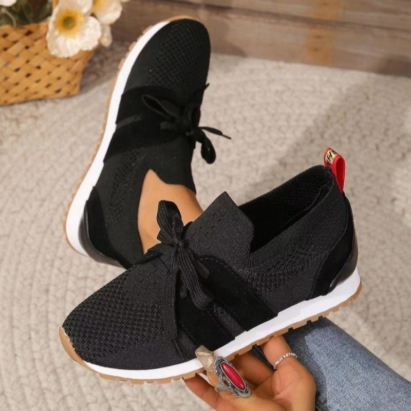 Knit Fabric Lace Up Sneakers - Новые черные вязаные дышащие женские кроссовки,