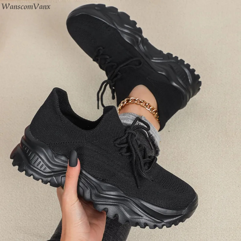 Модные массивные кроссовки на  – обзор и цена Knit Fabric Lace Up Sneakers